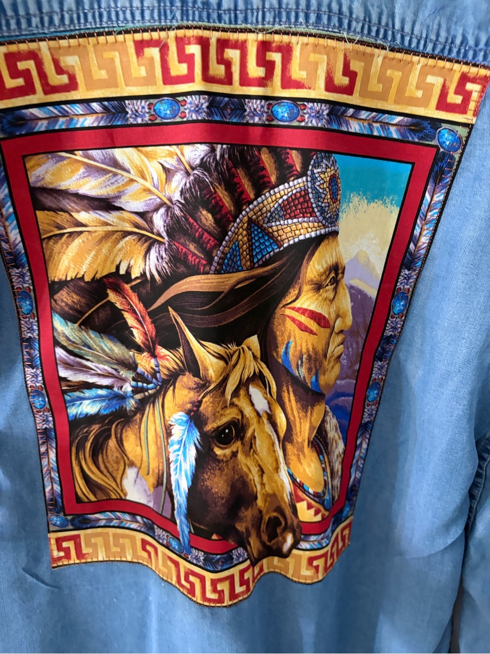 Upcycled Merona Blue Denim Button-Down Shirt XL with SouthwesternPrint